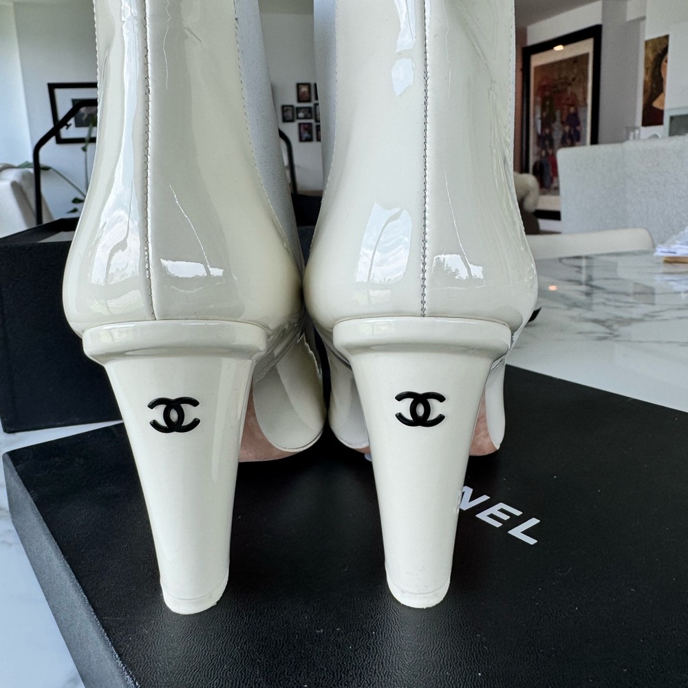 CHANEL Cream Heeled Boots with Iconic Design